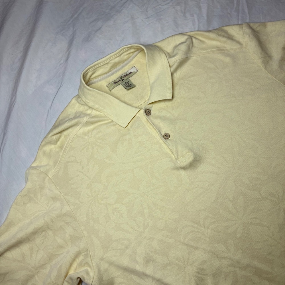 Tommy Bahama Mens Yellow Floral Embossed Print Short Sleeve Polo Shirt Size L